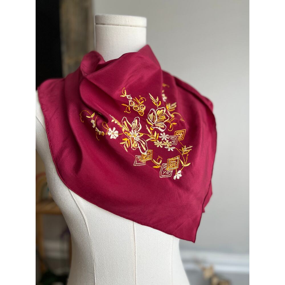 Vintage 70s Silk Scarf Pink Yellow Floral Embroidered Asian Square Neck Head